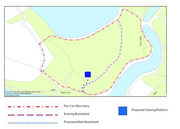 Map showing the existing boardwalk and the proposed new viewing platform. The viewing platform would be in the southern area of teh Fenn with a short boardwalk to get to it.