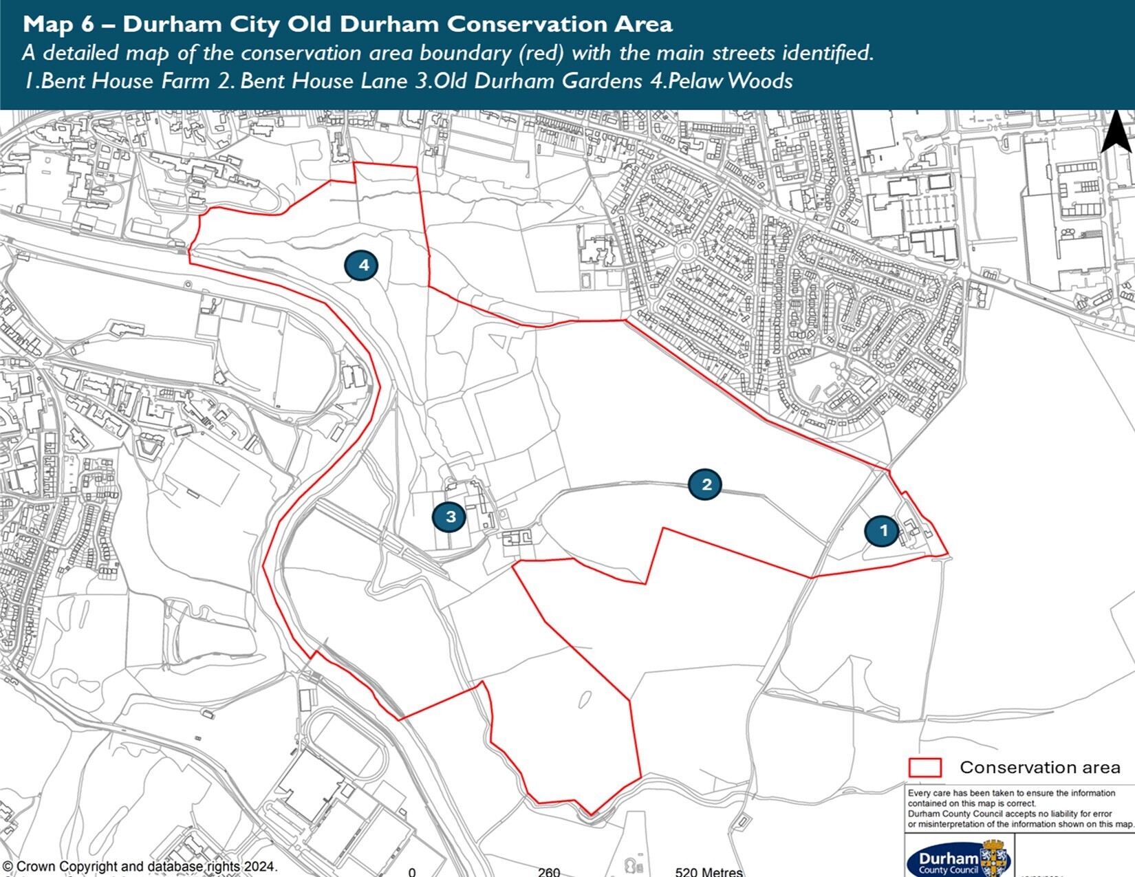 Old Durham Conservation Area map including 1) Ben House Farm, 2) Bent House Lane, 3) Old Durham Gardens and 4) Pelaw Woods