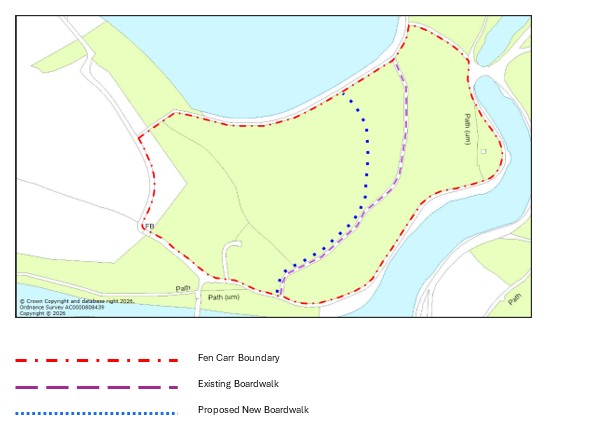 Map showing the route of the existing boardwalk and the proposed new one. The new one would follow the existing one for about the first half of the route, but then turn north earlier to leave the north east section of the Fenn to recover.