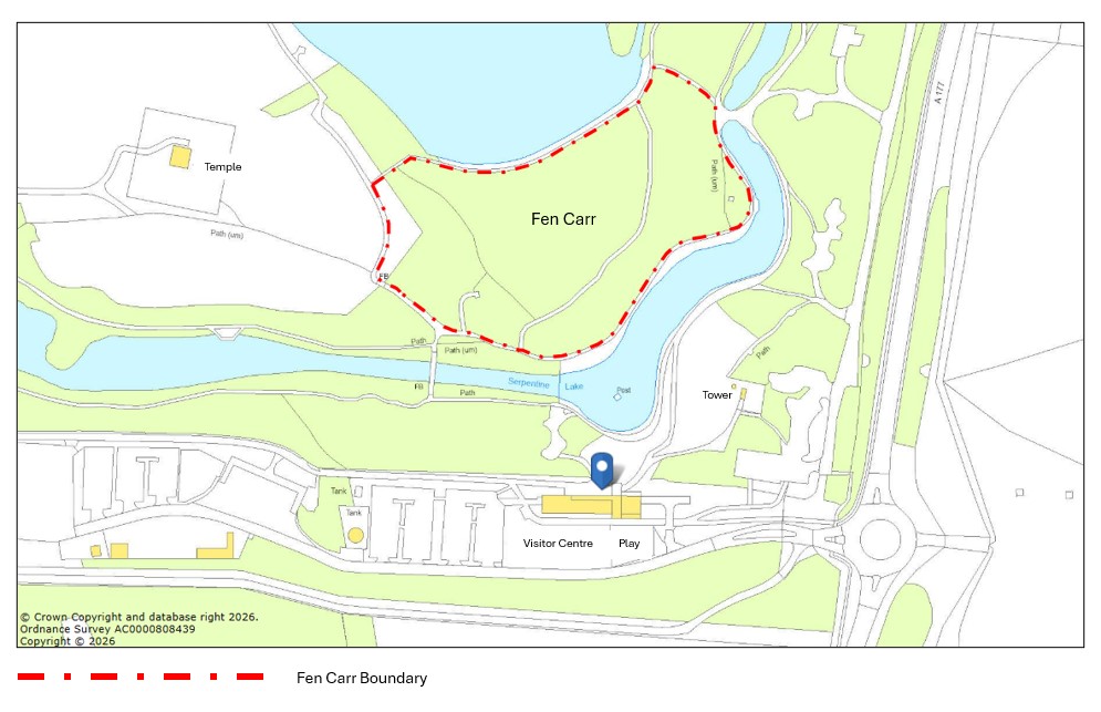 Map showing location of Fenn Carr, with its boundary marked.