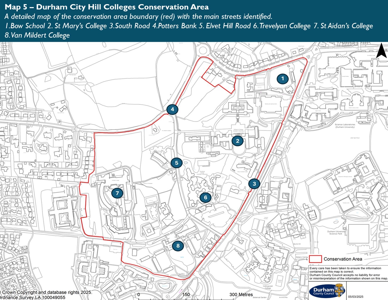Hill Colleges  Conservation Area map including 1) Bow School, 2) St Mary's College, 3) South Road, 4) Potter's Bank, 5) Elvet Hill road, 6) Trevelyn College, 7) St Adian's College and 8) Van Mildert College