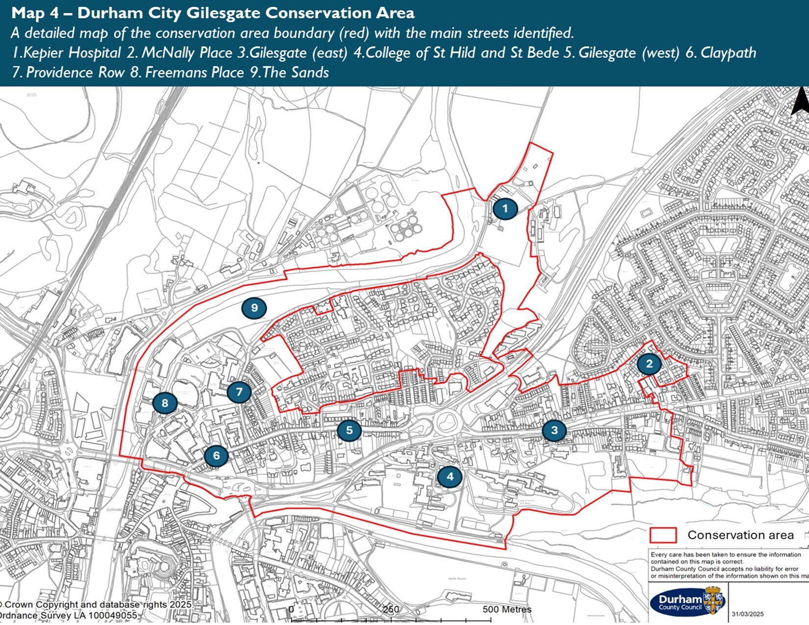 Gilesgate Conservation Area map including 1) Kepier Hospital, 2) McNally Place, 3) Gilesgate (east), 4) College of St Hild and St Bede, 5) Gilesgate (west), 6) Claypath, 7) Providence Row, 8) Freeman's Place and 9) The Sands