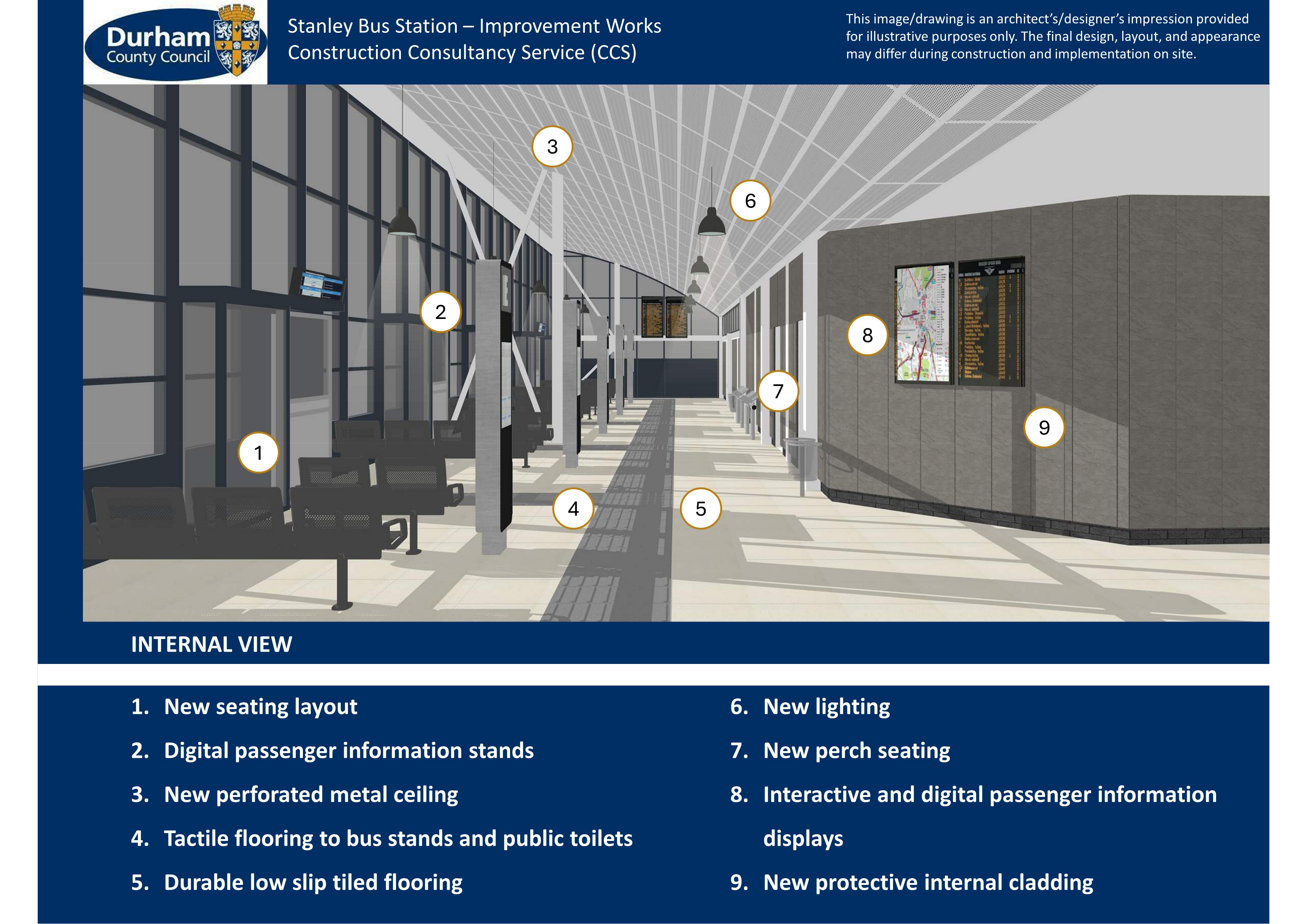 Image of main waiting area showing new ceiling, lighting, wall panels, tactile flooring to aid people with visual impairment, digital passenger information stands as well as the interactive digital passenger information display. 