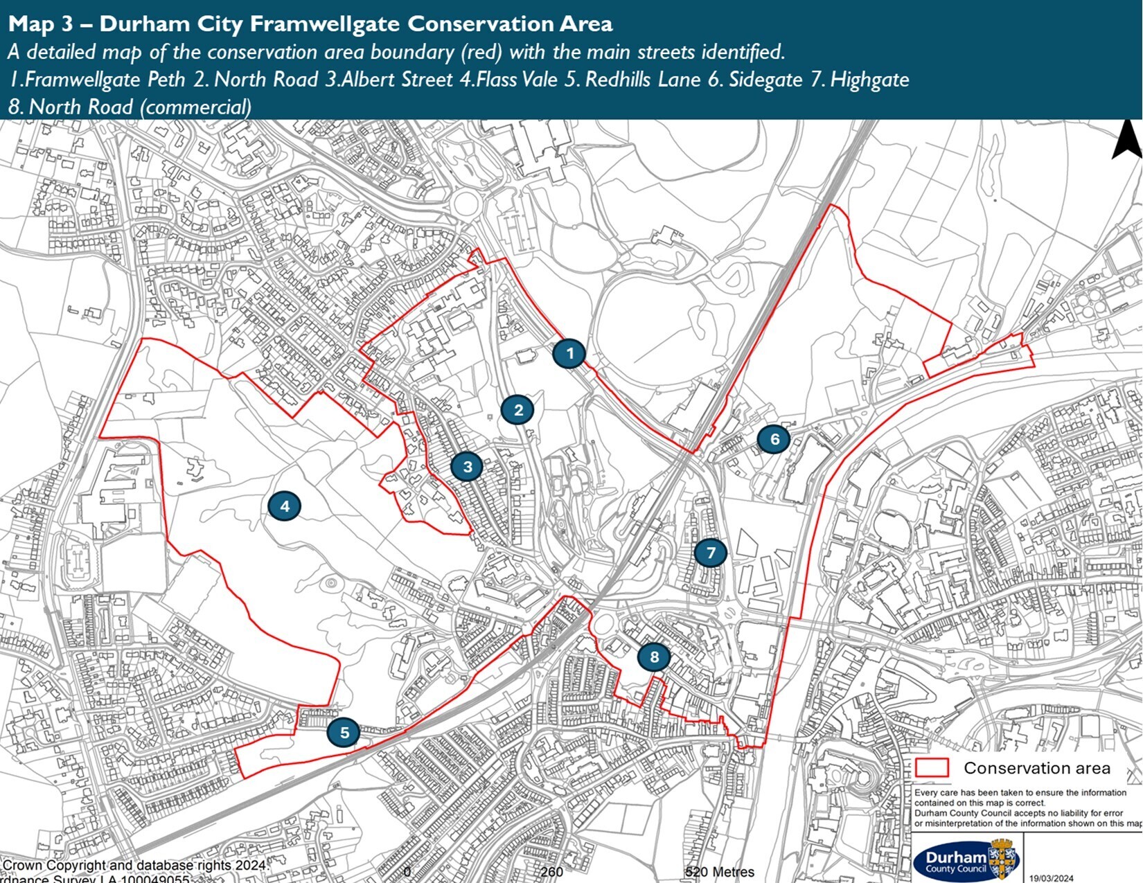 Framwellgate Conservation Area map including 1) Framwellgate Peth, 2) North Road, 3) Albert Street, 4) Flass Vale, 5) Redhills Lane, 6) Sidegate, 7) Highgate and 8) North Road (commercial)