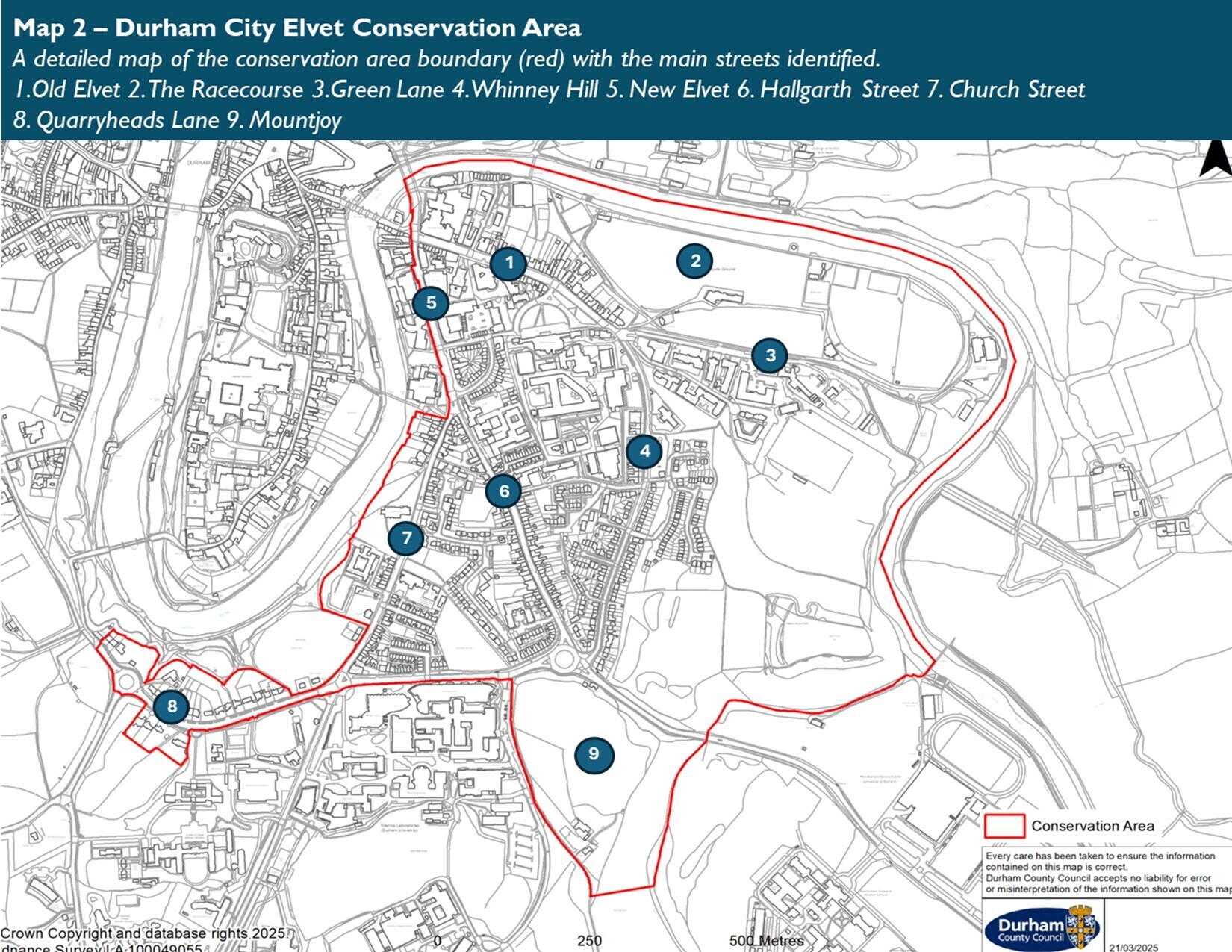 Elvet Conservation Area map including 1) Old Elvet, 2) the racecourse, 2) Green lane, 4) Whinney Hill, 5) New Elvet, 6) Hallgarth Street, 7) Church Street, 8) Quarryheads and 9) Mountjoy