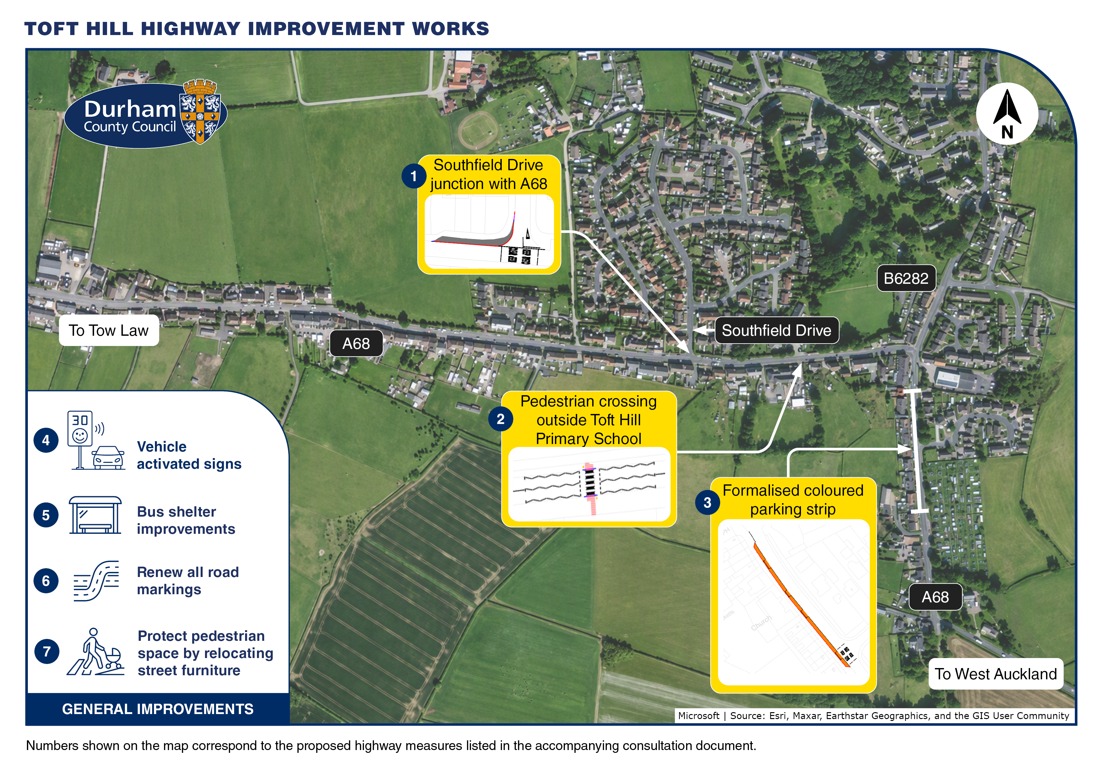 The map shows the three places planned for improvements; the junction of the A68 and Southfield Drive, a proposed pedestrian crossing outside Toft Hill primary school on the A68 and a formalised parking strip on South Road just south of the Three Tuns public house. There is also a list of general improvements: vehicle activated signs, bus shelter improvements, renew all road markings, protect pedestrian space by relocating street furniture.