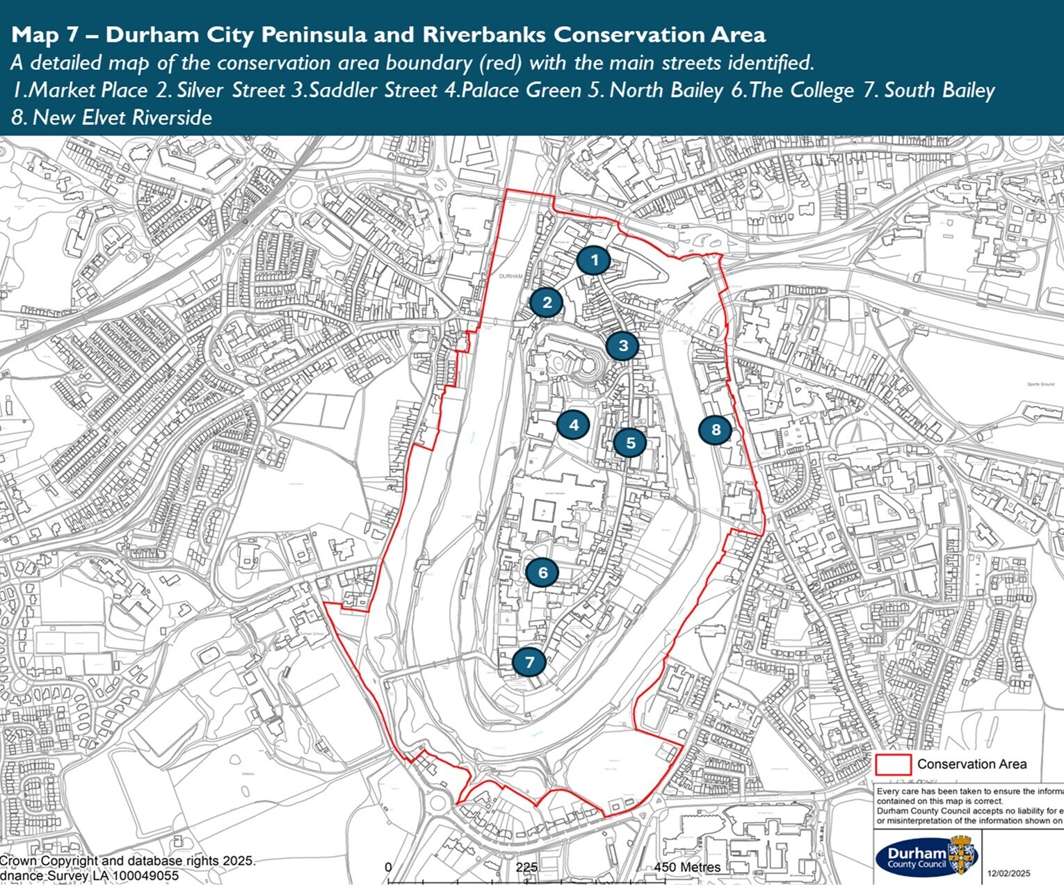 Peninsula and Riverbanks Conservation Area map including 1) Market Place, 2) Silver Street, 3) Saddler Street, 4) Palace Gardens, 5) North Bailey, 6) The College, 7) South Bailey and 8) New Elvet Riverside
