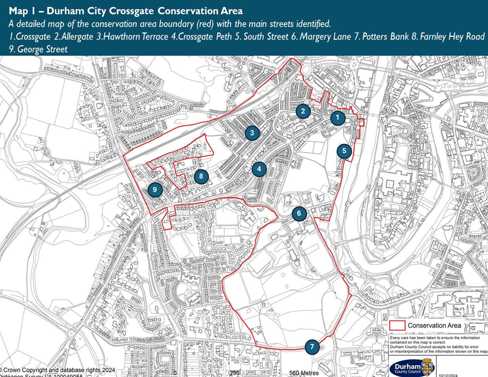 Crossgate Conservation Area map including 1) Crossgate, 2) Allergate, 3) Hawthorn Terrace, 4) Crossgate Peth, 5) South Street, 6) Margery Lane, 7) Potter's Bank, 8) Farnley Hey Road and 9) George Street