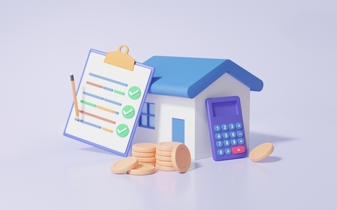 Graphic representing a house, clipboard calculations and money