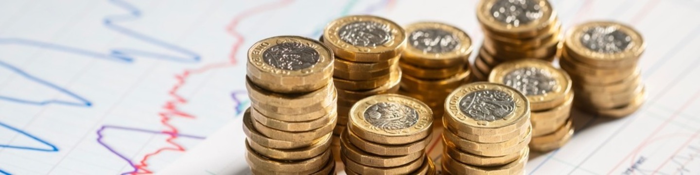 groups of pound coins stacked in separate piles sitting on paper