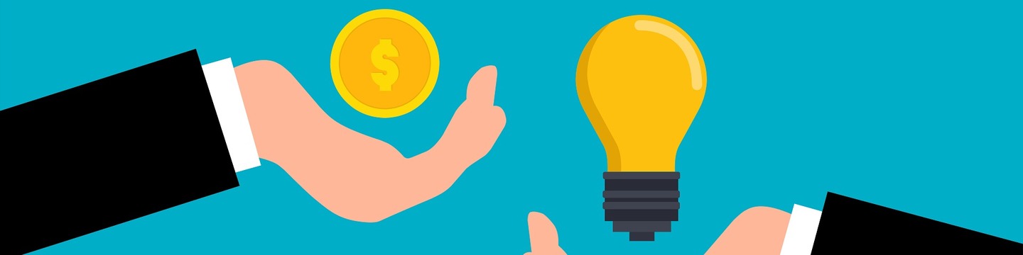 a blue background with one hand holding a coin and another hand holding a lightbulb