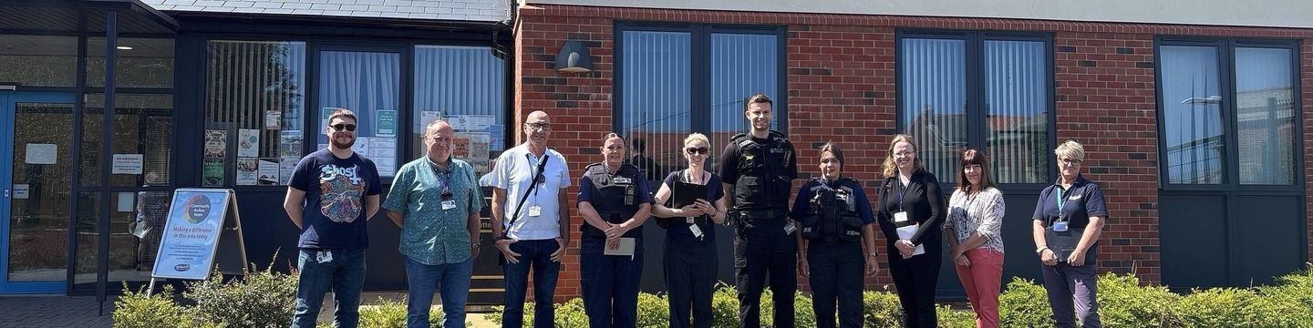 Team, partners and residents outside Shotton Colliery community centre