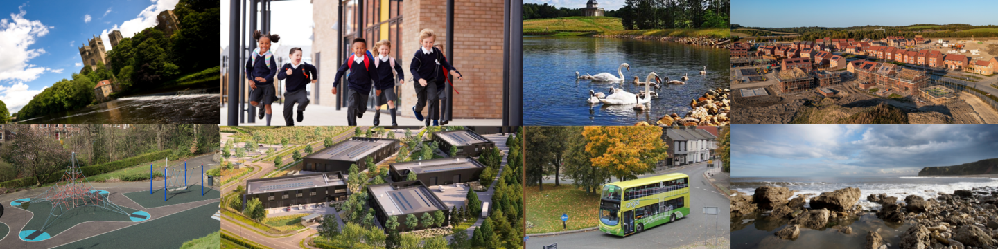 A series of images that represent the County Durham Plan including places, industrial units, housebuilding, schools, public transport, green space