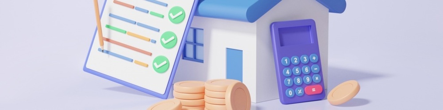 Graphic representing a house, clipboard calculations and money
