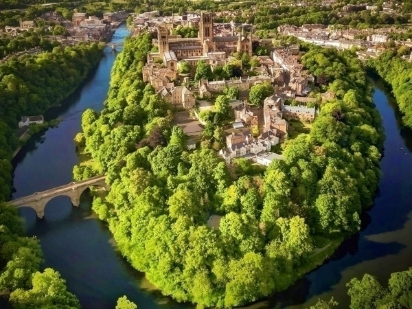 Aerial image of the peninsula withDurham Cathedral and Castle UNESCO World Heritage Site