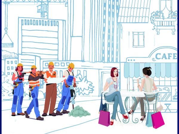 Image of cartoon people working and shopping