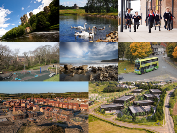A series of images that represent the County Durham Plan including places, industrial units, housebuilding, schools, public transport, green space